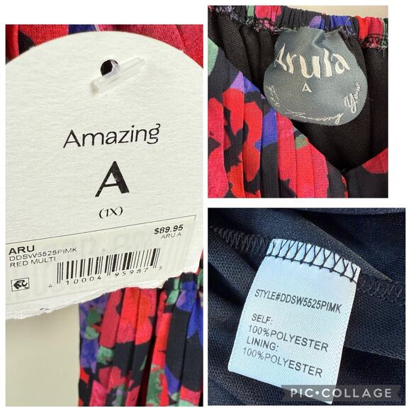 Arula New Black Floral Pleated Mini Dress 1X Long Balloon Sleeve Ruffle Cuffs - Picture 12 of 15